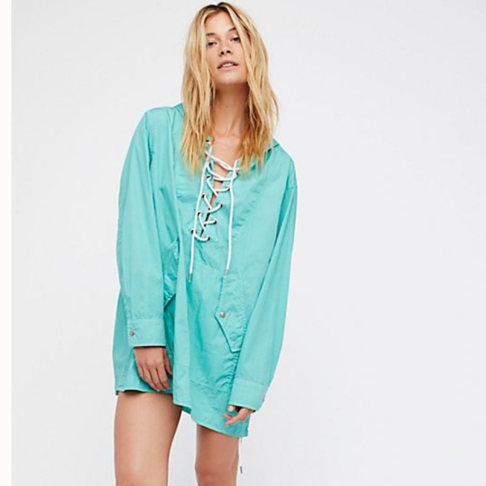 Free People Poplin Pullover Hooded Lace Up